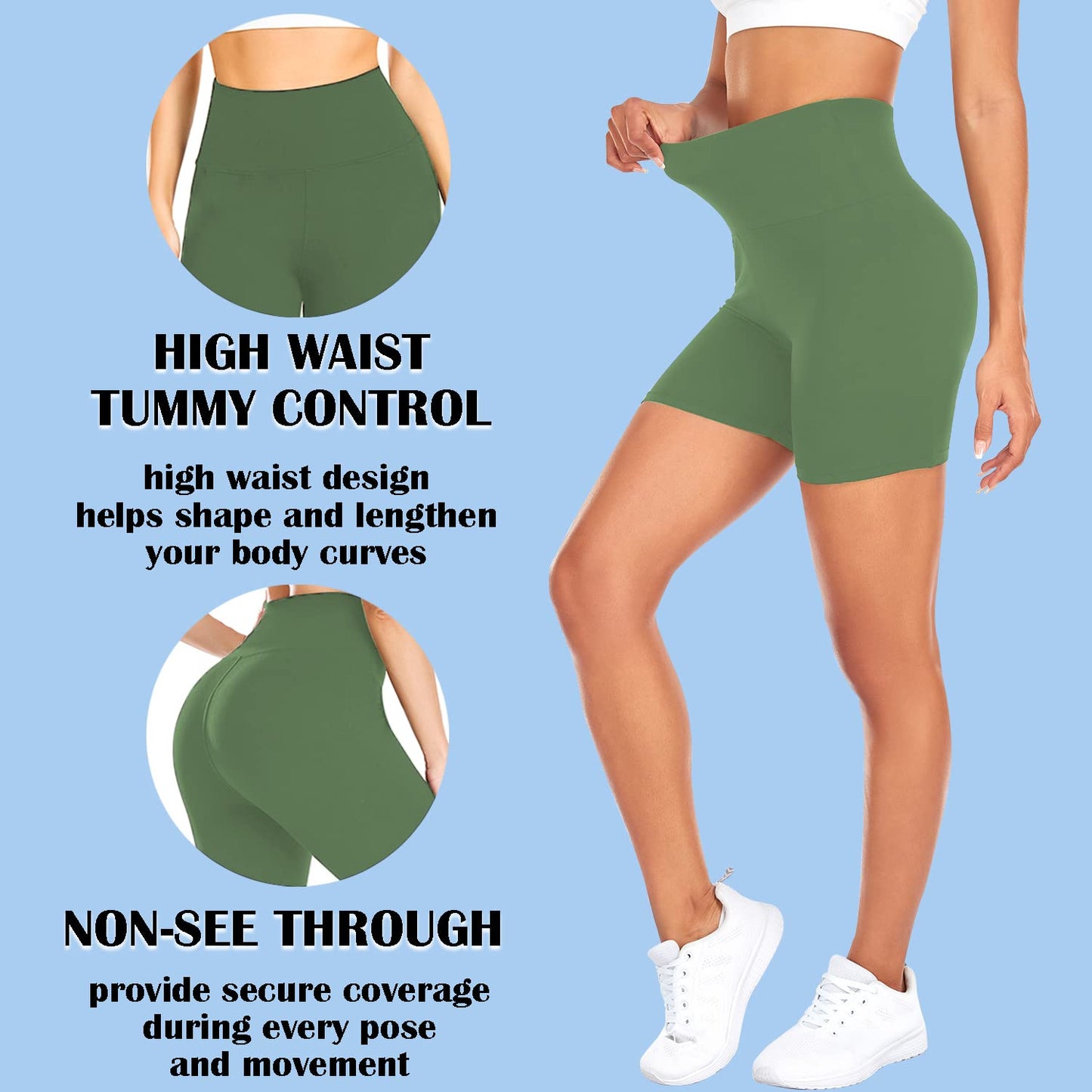 FULLSOFT High Waisted Biker Shorts for Women-5" Tummy Control Fitness Athletic Workout Running Yoga Gym Soft Shorts (Tea Green,Small-Medium)