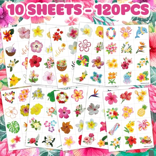 120 PCS Tropical Flower Temporary Tattoos - Hawaiian Party Favors