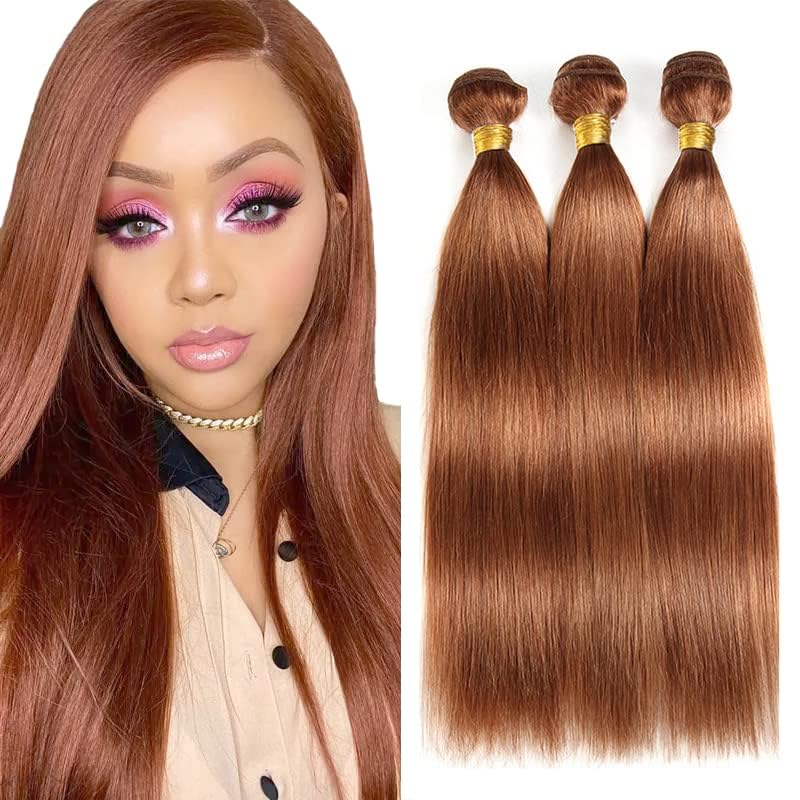 Color #30 Light Brown Straight Human Hair Bundles 3 Pack