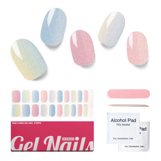 Nelikoo Semi Cured Gel Nail Strips, 20 PCS Gel Nail Stickers Work with UV Light, Gel Nail Wraps, Salon Quality & Easy to Use - Dreamy Macarons