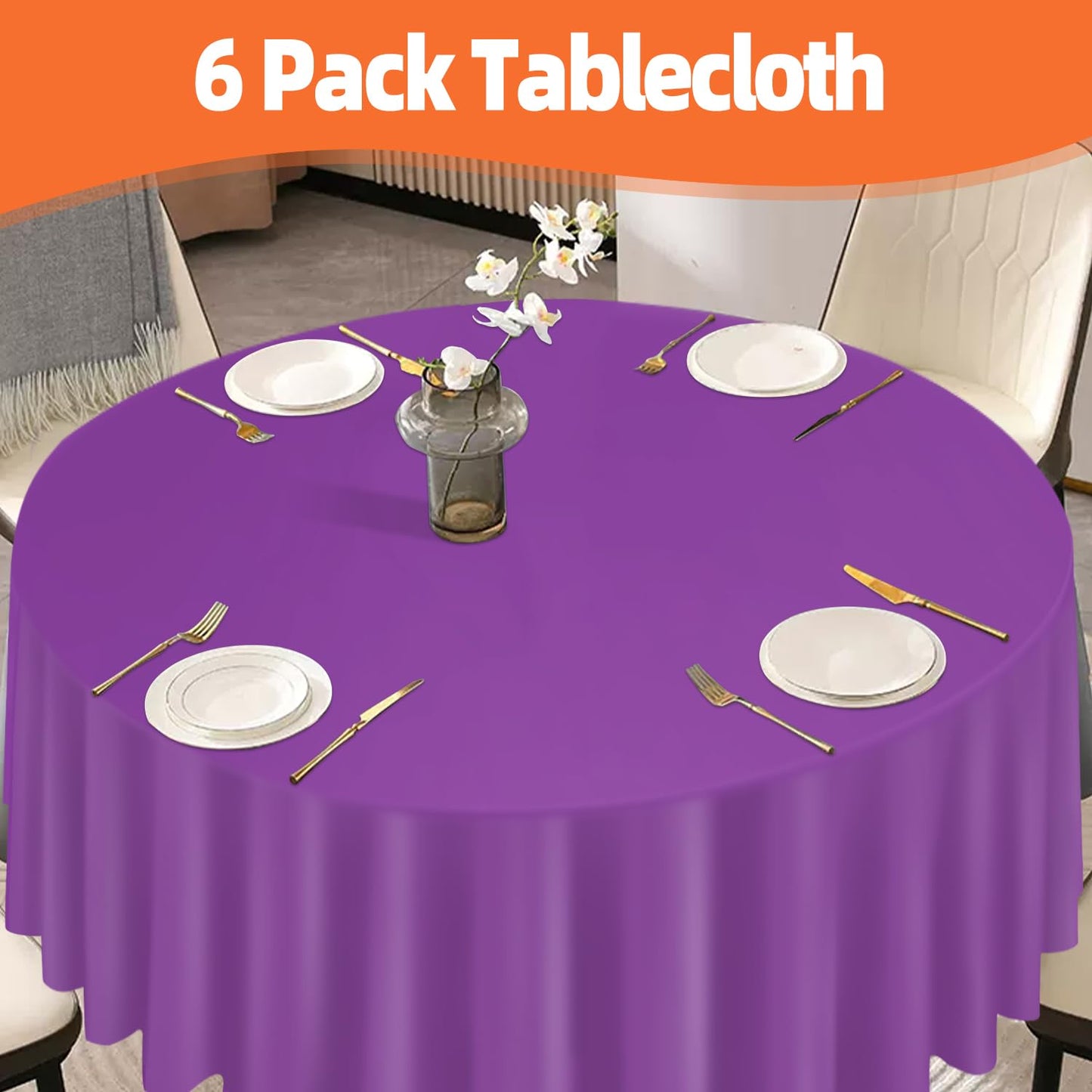 tujol Purple 6 Pack Plastic Table Cloth 84", Disposable Round Tablecloth Table Cover, Plastic Table Cloths for Parties