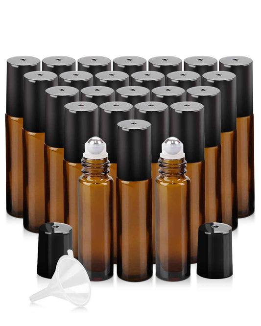 Worldgsb 25 Pack Essential Oil Roller Bottles, 10ml Refillable Amber Glass Roller Bottles with Stainless Steel Roller Balls and Caps for Travel, Perfume and Lip Gloss