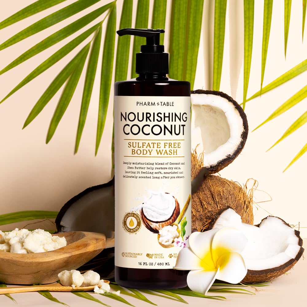 PHARM TO TABLE Nourishing Coconut Body Wash for Women and Men Softens and Soothes the Skin, Sulfate Free, 100% Cruelty Free, 480ml