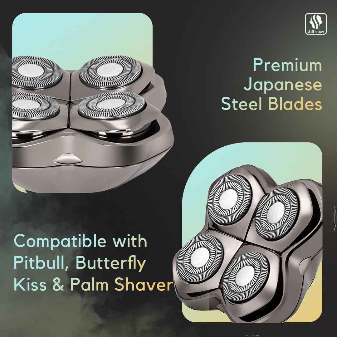 Skull Shaver Carver PRO 4 Head Replacement Blade - Shaver Blade for Wet & Dry Shaving - Rotary Heads Design - Japanese Stainless Steel - Compatible with Pitbull, Palm & Butterfly Kiss Shavers