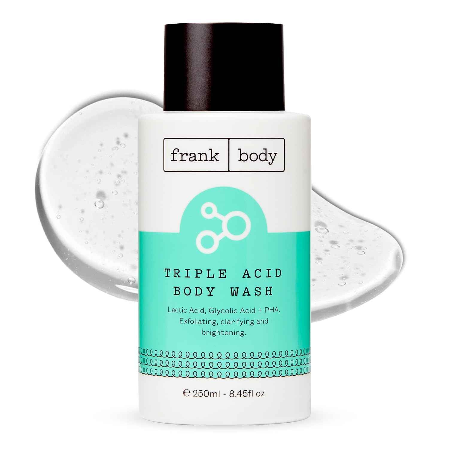 frank body Triple Acid Body Wash | Clears Body Acne & Smooths KP Bumps | Daily Exfoliating Cleanser with Lactic, Glycolic & PHA Acids | Vegan & Cruelty-Free | Rosemary Spa Scent | 250ml/8.45 fl oz