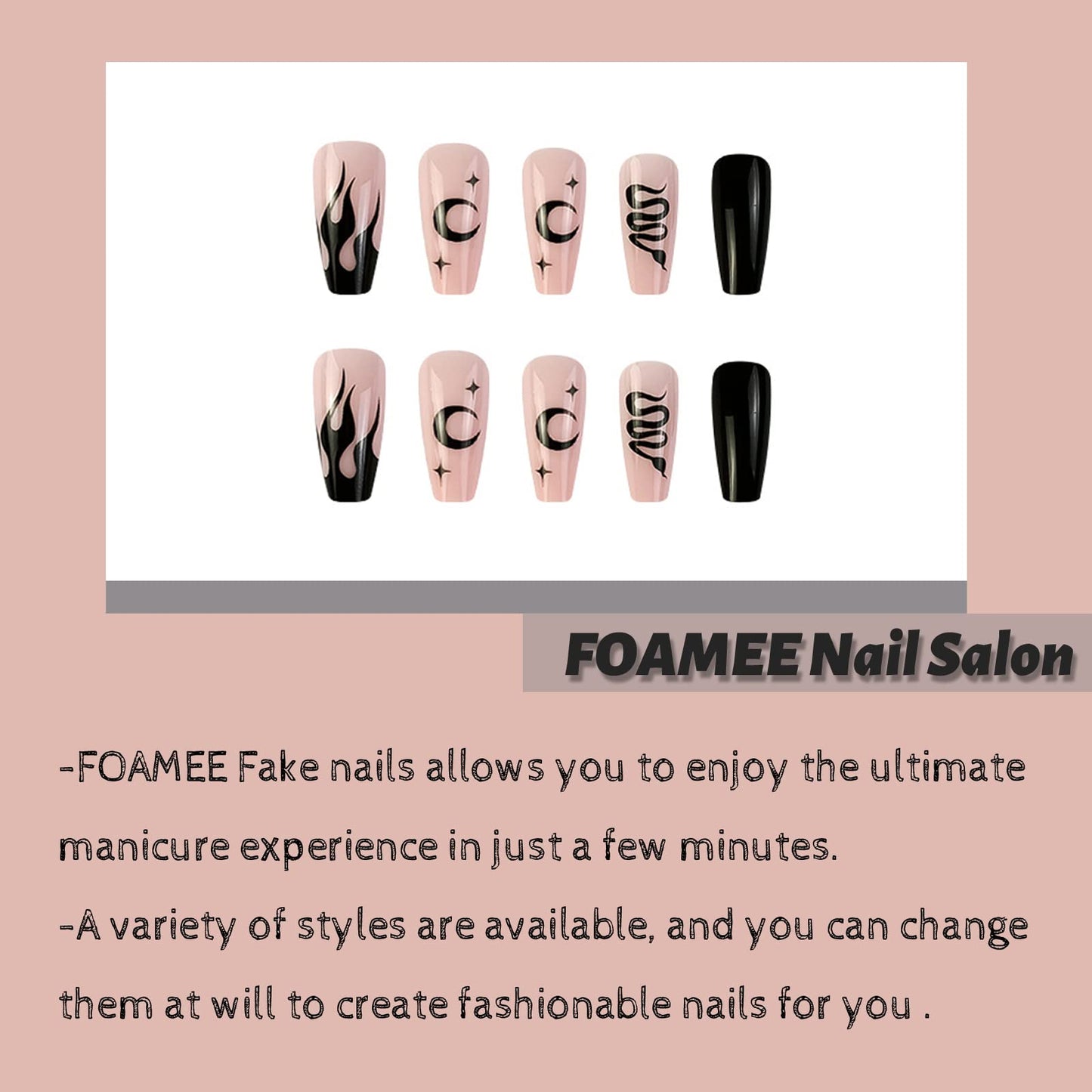 FOAMEE Medium Press on Nails Coffin Gothic Fake Nails with Designs Acrylic Glossy Black False Nails for Women