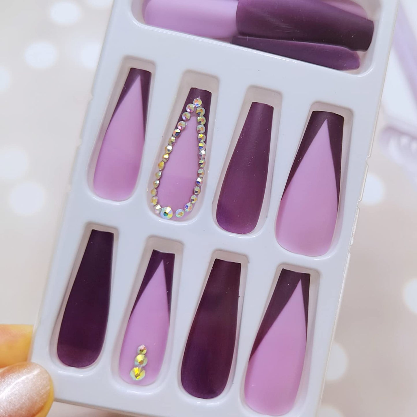 Long Press on Nails Square French Fake Nails Full Cover Purple Acrylic False Nails With Rhinestone Designs for Women and Girls, 24PCS