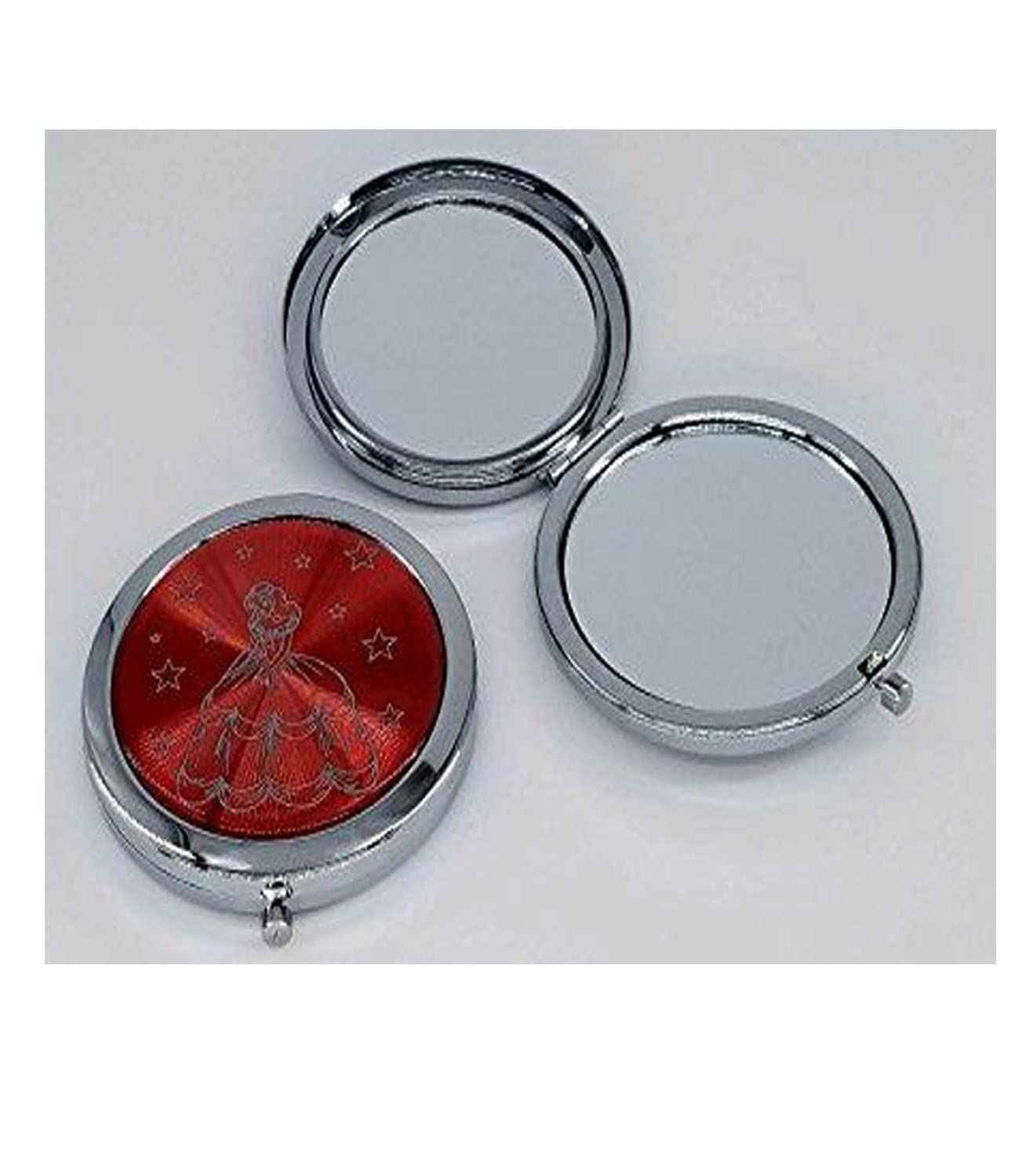 12PCS Quinceanera Compact Round Hand Mirror Sweet 15 design with Organza Gift Bag Girl (Red / Silver)
