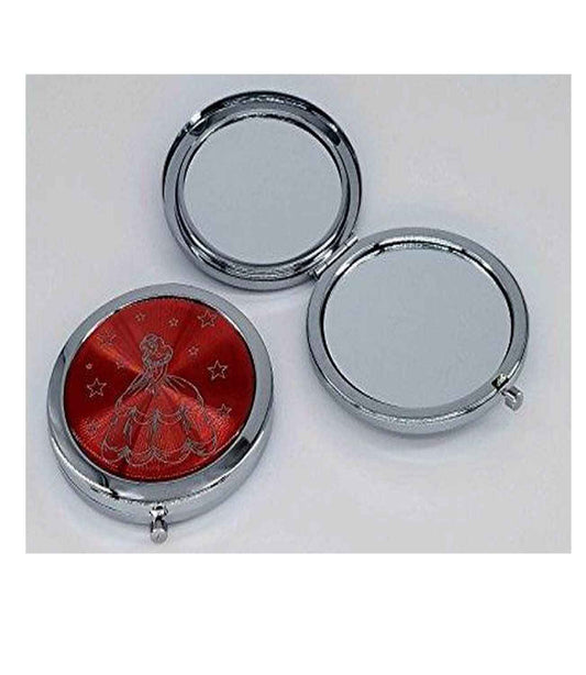 12PCS Quinceanera Compact Round Hand Mirror Sweet 15 design with Organza Gift Bag Girl (Red / Silver)