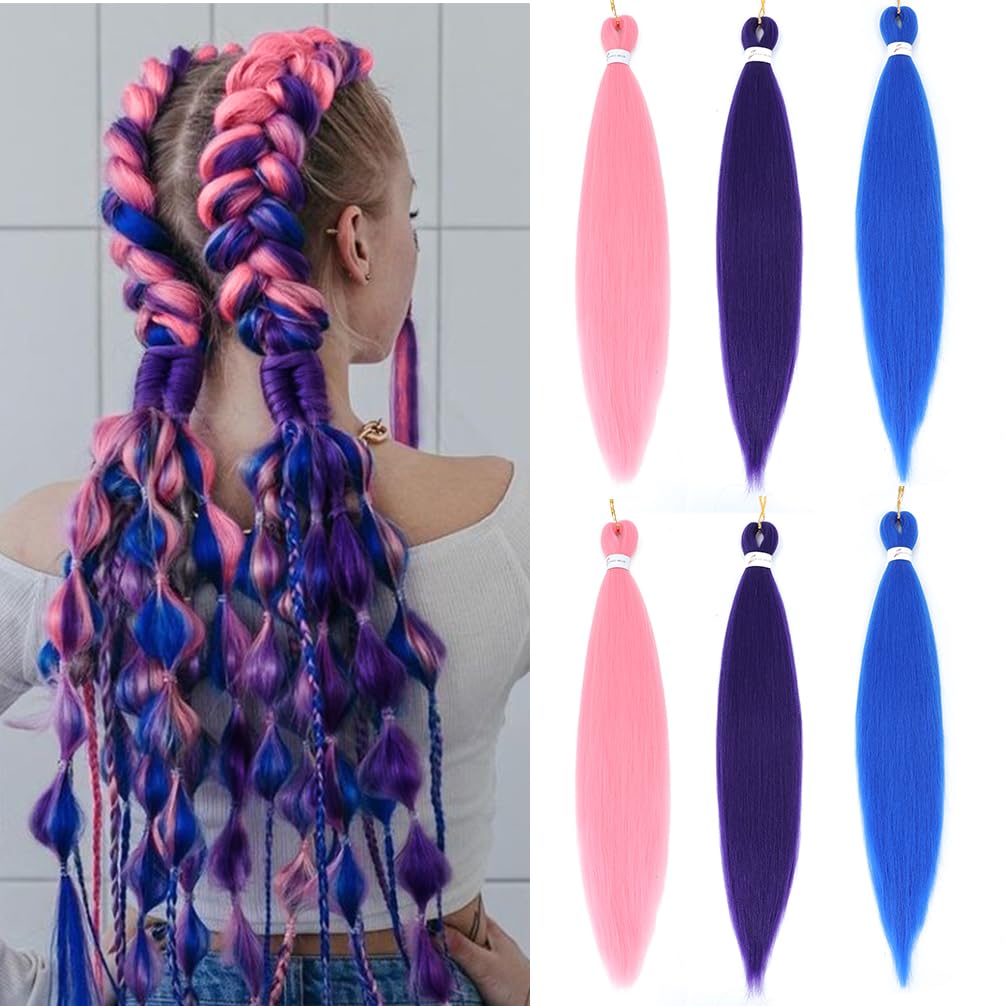 Colored Ombre Braiding Hair Pre Stretched 6 Packs - 26 Inch Braiding Hair Professional Synthetic Prestretched Crochet Braids Hair Extension Itch Free Hot Water Setting Yaki Texture(Blue/Purple/Pink#)