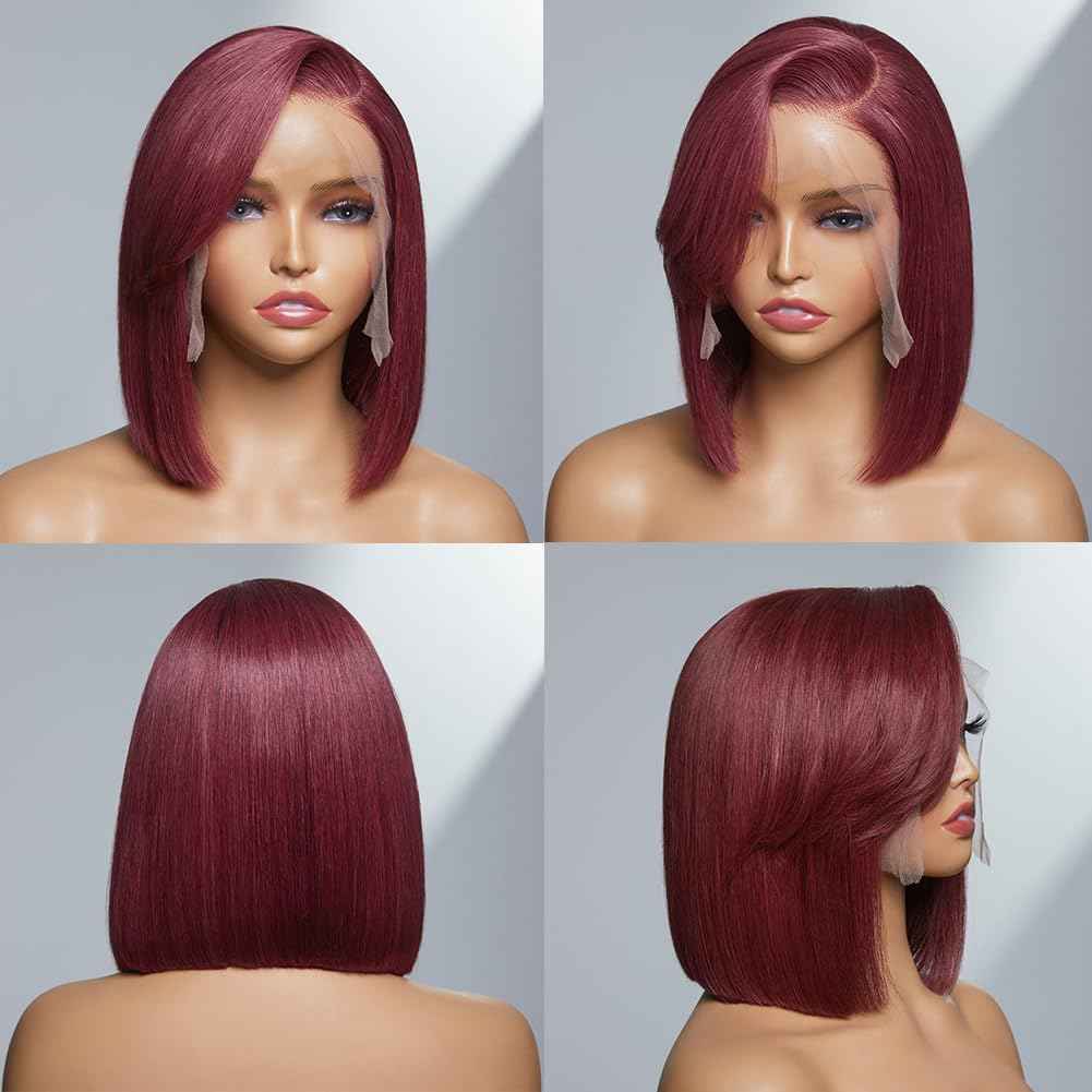 SKYDO 13x4 Lace Front Bob Wig Human Hair - 99J Burgundy, Pre-Plucked Hairline 180 Density, 8 Inch Wigs for Women