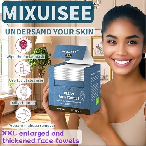 Disposable face towel,MIXUISEE thick and soft face towels,100% cotton face towels, facial towels 150% thickness. Increased size: 12 "x10", Makeup removal and cleaning (Extra thick 60 PCS)