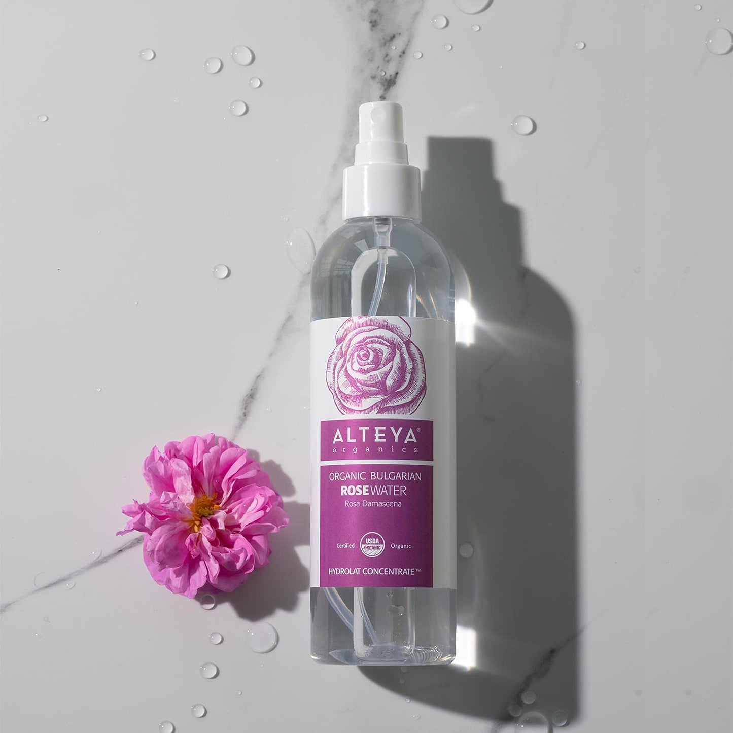 Alteya Organics Rose Water USDA Certified Organic Facial Toner, 8.5 Fl Oz/250mL Pure Bulgarian Rosa Damascena Flower Water, Award-Winning Moisturizer BPA-Free Spray Bottle