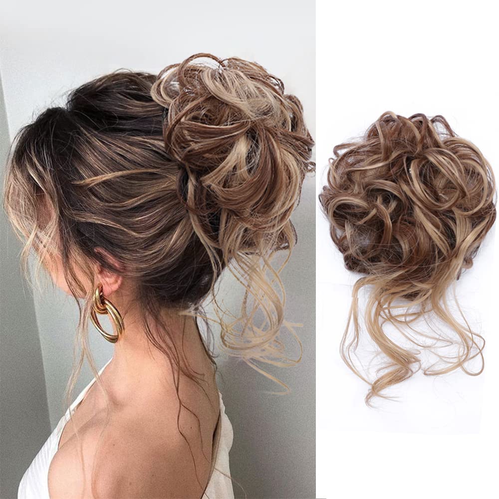 KETHBE Messy Bun Hair Piece Tousled Updo Hair Buns Extension Elastic Hair Band Hair Pieces Curly Hair Bun Scrunchie For Women (Brown Mix Ash Blonde)