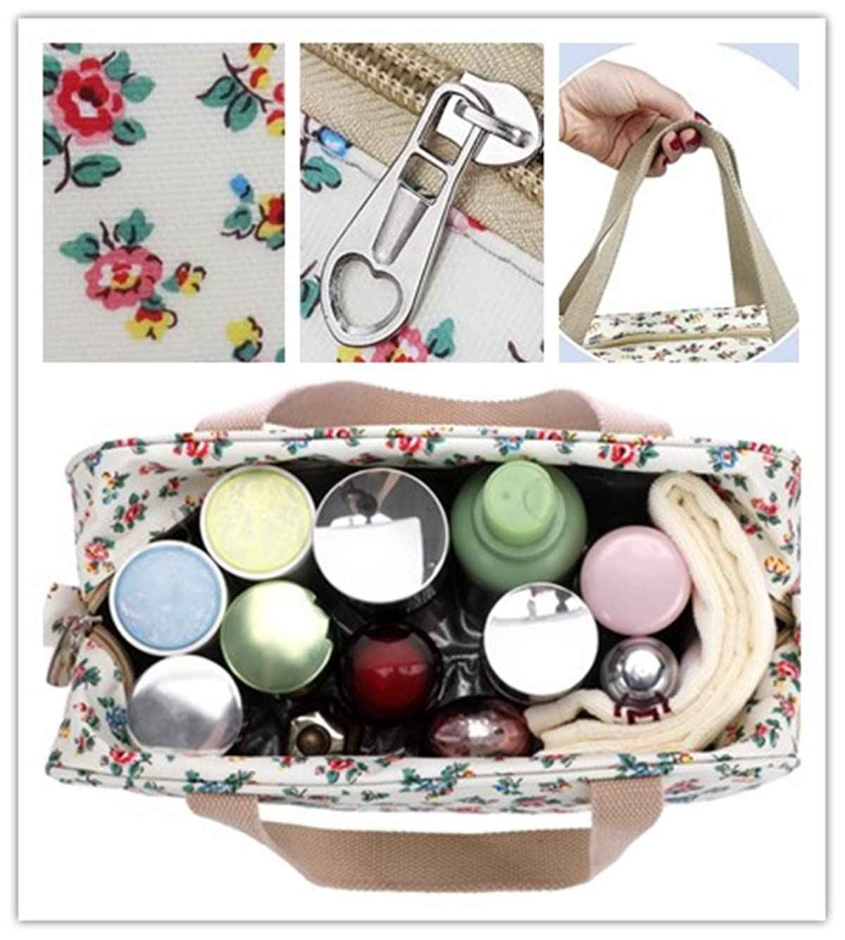 Hjkiopc Large Makeup Bag Toiletry Bag for Women Make Up Bag Cosmetic Bag Toiletries Bag Brush Bags for Traveling (Little Flower Beige)