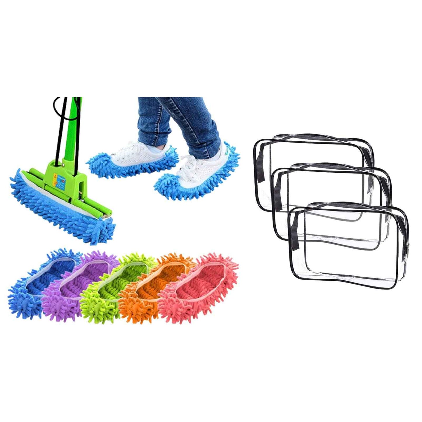 Cosywell Mop Slippers Shoes Cover Dust Duster Slippers 10 PCS 5 Pairs Clear Toiletry Bag Quart Size Bag Travel Makeup Cosmetic Bag PVC Toiletries Cosmetic Pouch for Women Men 3PCS (S)
