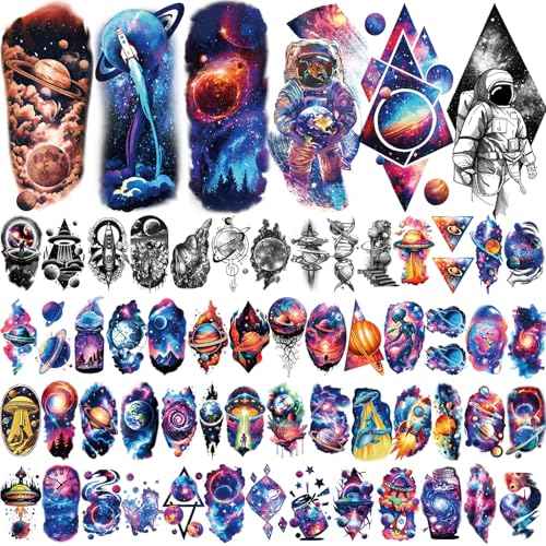 77 Sheets Temporary Tattoos, 17 Sheets Space Planet Astronaut Rockets Half Arm Fake Tattoo for Adults Men Women, 60 Sheets Small Waterproof Lasting Stickers Tattoo for Boys Girls Kids Party