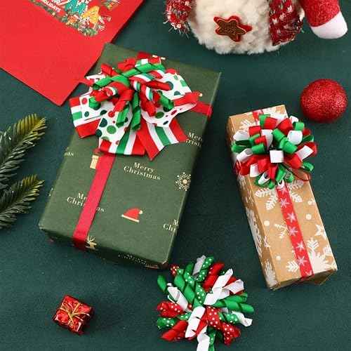 JUNEBRUSHS 6 Pcs Christmas Hair Bows Clips, Red Green White Ribbon Curly Hair Accessories for Girls Christmas Favor Gift Holiday Decor Accessory