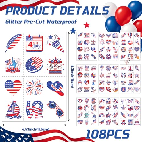 108 Glitter 4th of July Temporary Tattoos - Waterproof Patriotic