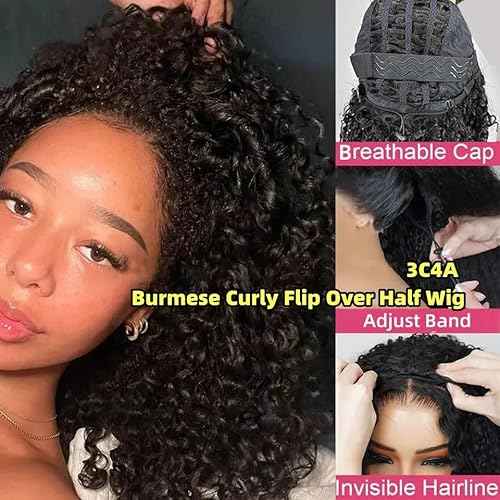 Half Wig Human Hair for Women 12 Inch Burmese Curly Glueless Clip-In Wigs 250% Density 3 IN 1 Half Wigs Flip Over Beginner Friendly Go Drawstring Wig No Glue No Sew Natural Color & Easy Install