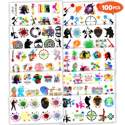 Paintball Temporary Tattoos for Kids - 100 PCS (10 Sheets)