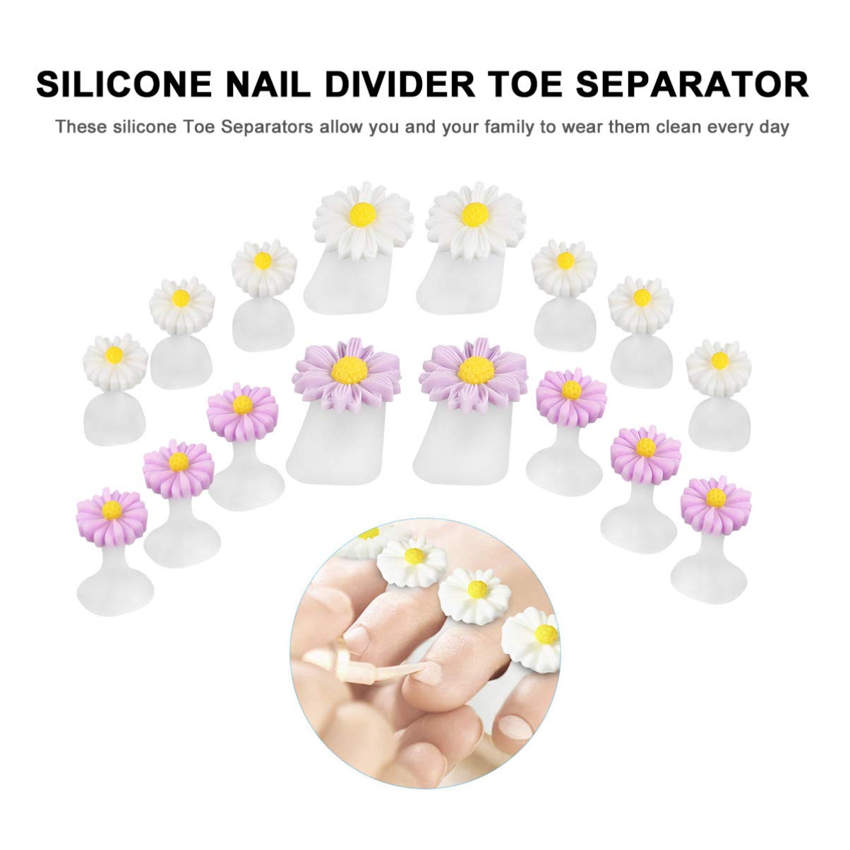 Beaupretty 16 Pieces Daisy Flower Silicone Toe Separators Spacers Spreaders Cushions Toes Dividers Pedicures Nail Art Tools Polish Guards for Home Salon