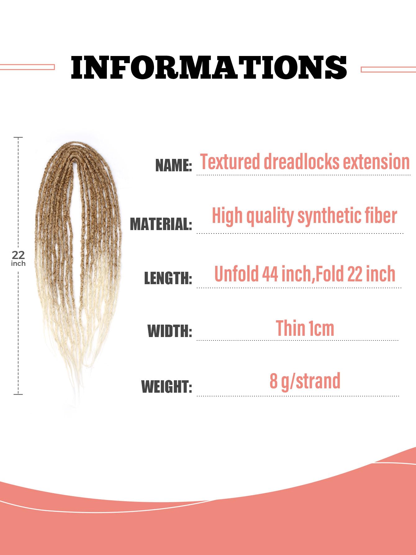 Boho Textured Dreadlocks Extensions, 22 Inch Double Ended Textured Dreads, 20 Strands DE Textured Dreadlocks for White Women (27/613#, DE-Textured-20s-22")