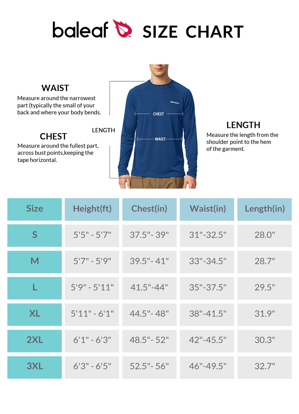 BALEAF Men's Long Sleeve Swim Shirts Rash Guard UV Sun Protection SPF T-Shirts UPF 50+ Quick Dry Swimming Fishing Ocean Blue Size S