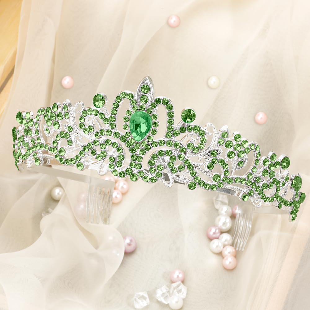 Green Crown Tiaras for Women Rhinestone Crystal Headbands Happy Princess Birthday Girl Crown with Combs Elegant Headdress Decorations for Christmas Bridal Wedding Prom Party Costumes Gifts