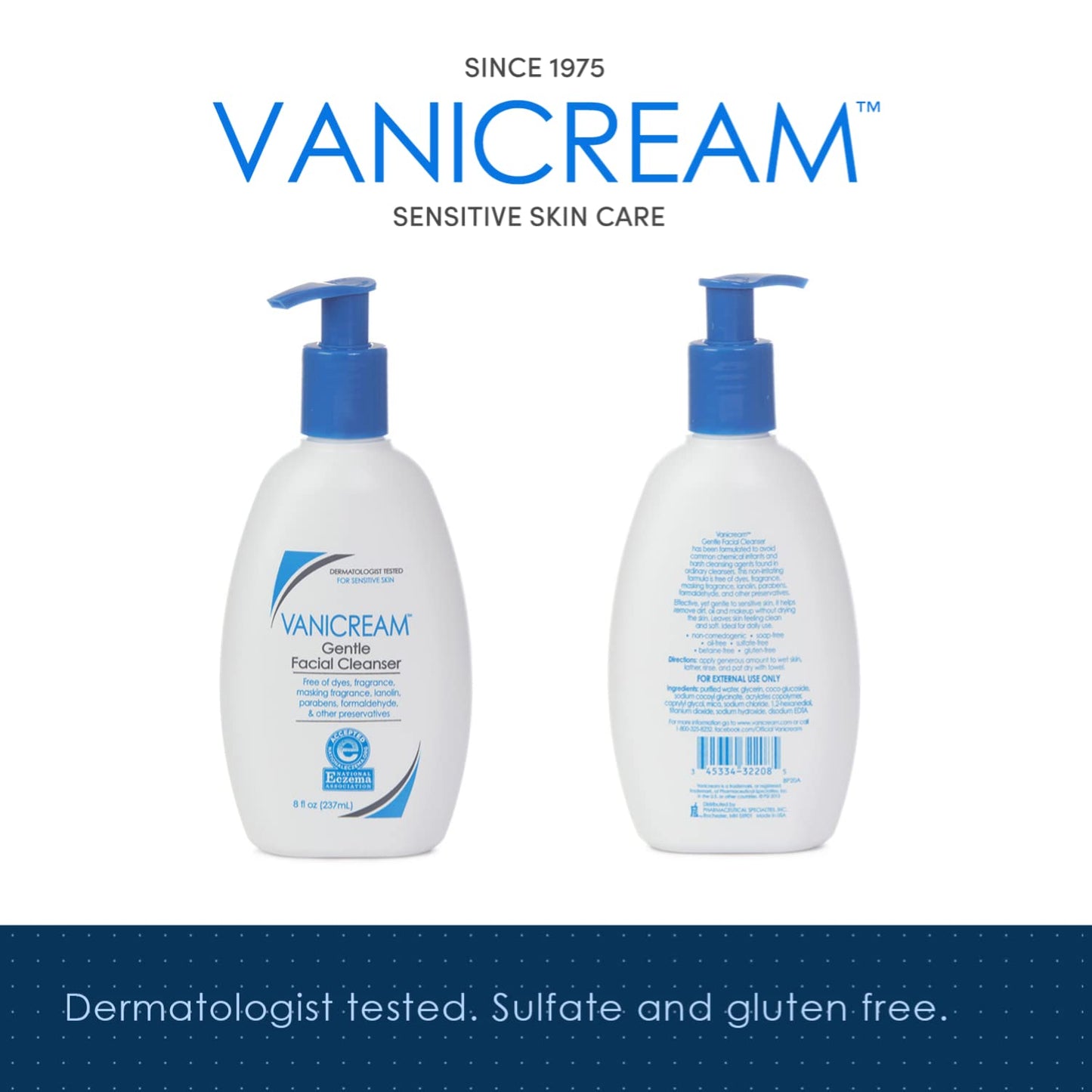 Vanicream Gentle Facial Cleanser 8 fl oz (Pack of 1) + Vaseline Lip Therapy Original 0.16 oz (Pack of 4)