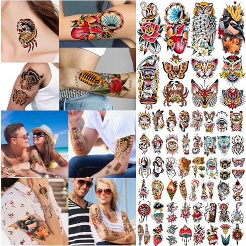 Waterproof Temporary Tattoos for Men Women Kids - 77 Sheets