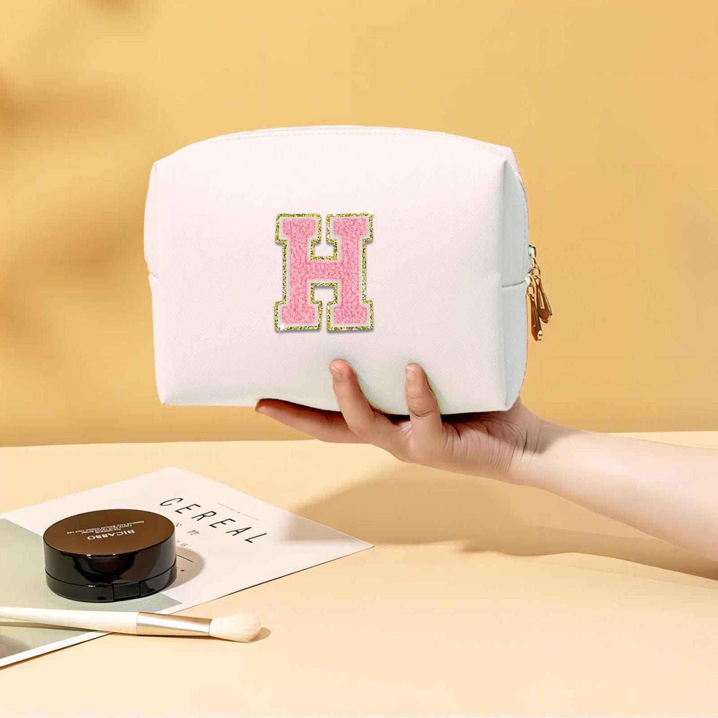 Fodofodo Personalized Initial Letter Makeup Bag,Preppy Patch Makeup Bag,PU Waterproof Travel Toiletry Bag,Chenille Letter Cosmetic Bag,Toiletry Zipper Pouch Organizer for Women Girls (White,U)