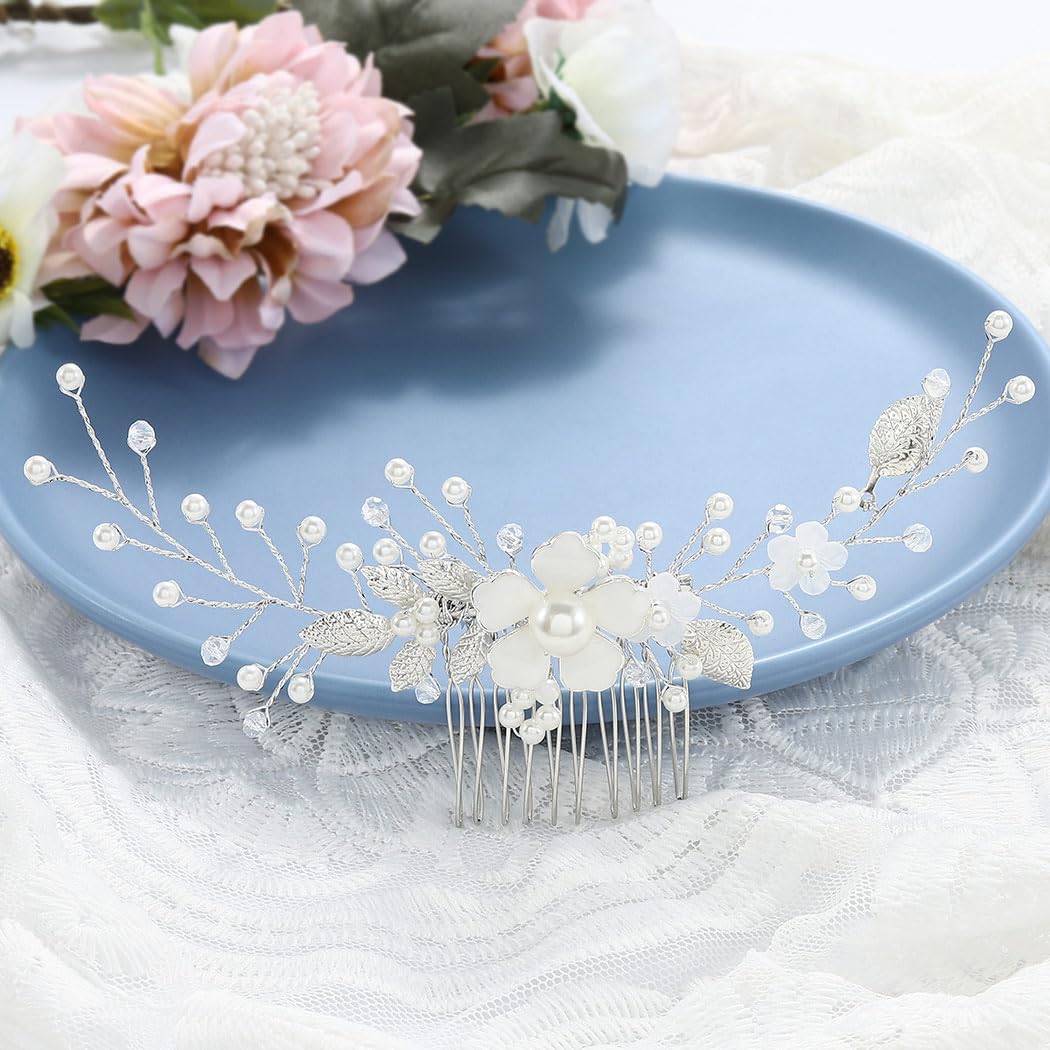 YBSHIN Flower Bride Wedding Hair Comb Silver Leaf Hair Pieces Pearl Bridal Hair Accessories for Women (Style 9)