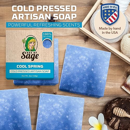 Natural Bar Soap for Men - Vegan Bath Soap Bars Gift Set - Handmade Cold Process Soap w/Essential Oil, Cool Spring Scent (4 Pack)