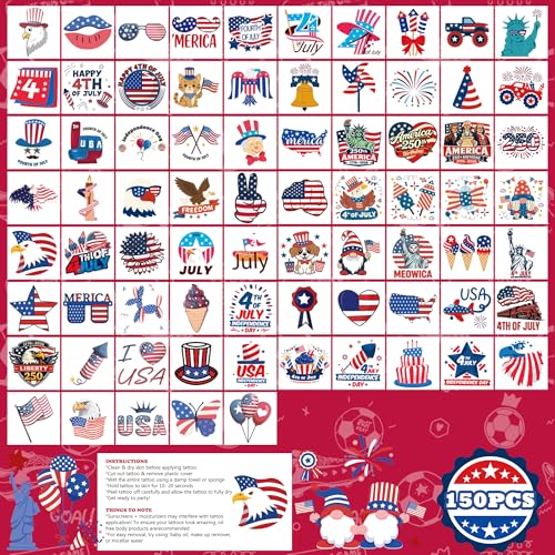 USA Patriotic Temporary Tattoos - 150 PCS 4th of July Stickers