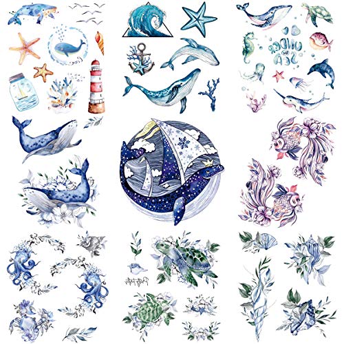 9 Sheets Temporary Tattoo Blue Purple Sea Turtle Goldfish Dolphin Whale Shell Octopus Starfish Suit for Arm Neck