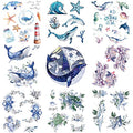 9 Sheets Temporary Tattoo Blue Purple Sea Turtle Goldfish Dolphin Whale Shell Octopus Starfish Suit for Arm Neck