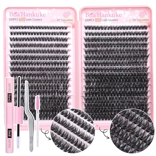 Boahankuke 640PCS Lash Clusters Kit DIY Lash Extension Kit D Curl Volume Eyelash Extensions Individual Lashes Kit with Lash Bond and Seal, Tweezers (60D 8-16mm, 80D 10-18mm) by Boahankuke