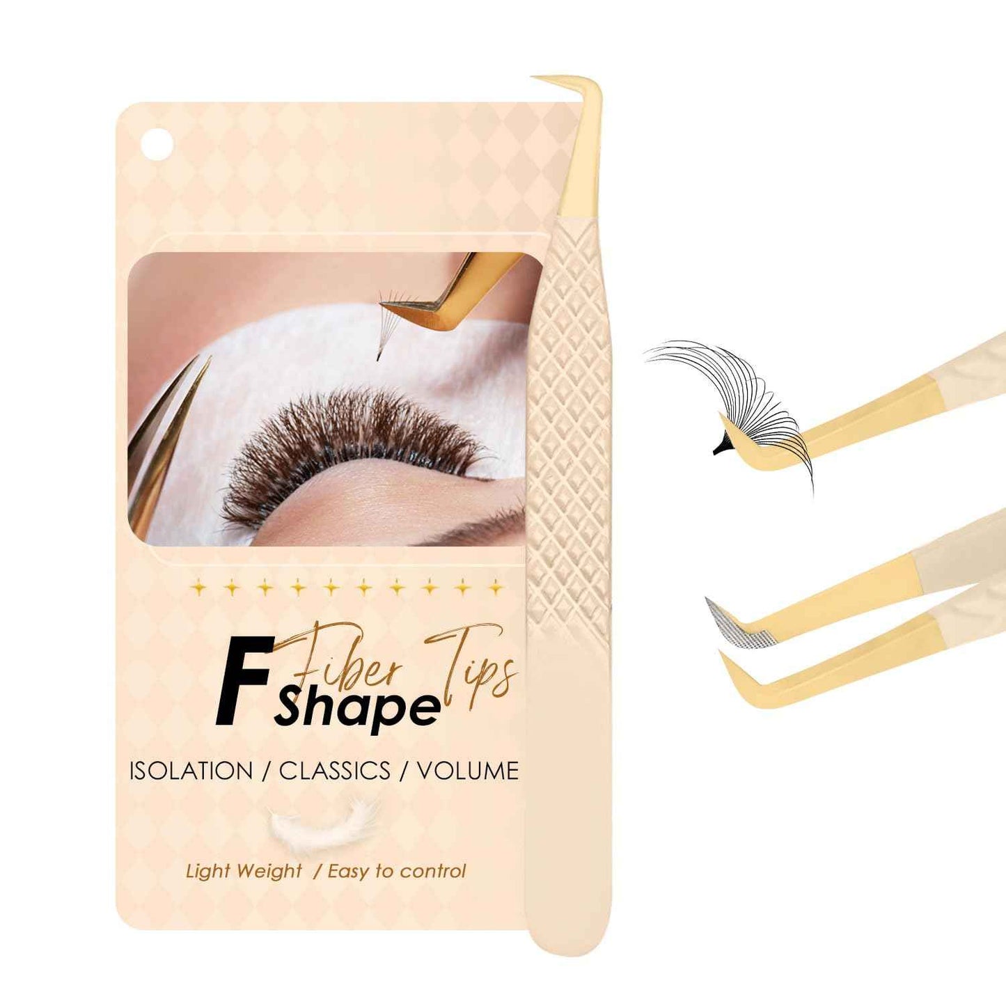 Beeutemaker Beige Fiber Tip Lash Tweezers for Eyelash Extensions – F Shape for Isolation, Professional Precision Tweezers for Lash Technicians
