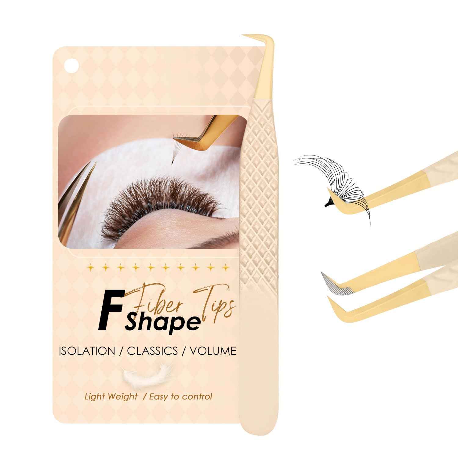 Beeutemaker Beige Fiber Tip Lash Tweezers for Eyelash Extensions – F Shape for Isolation, Professional Precision Tweezers for Lash Technicians