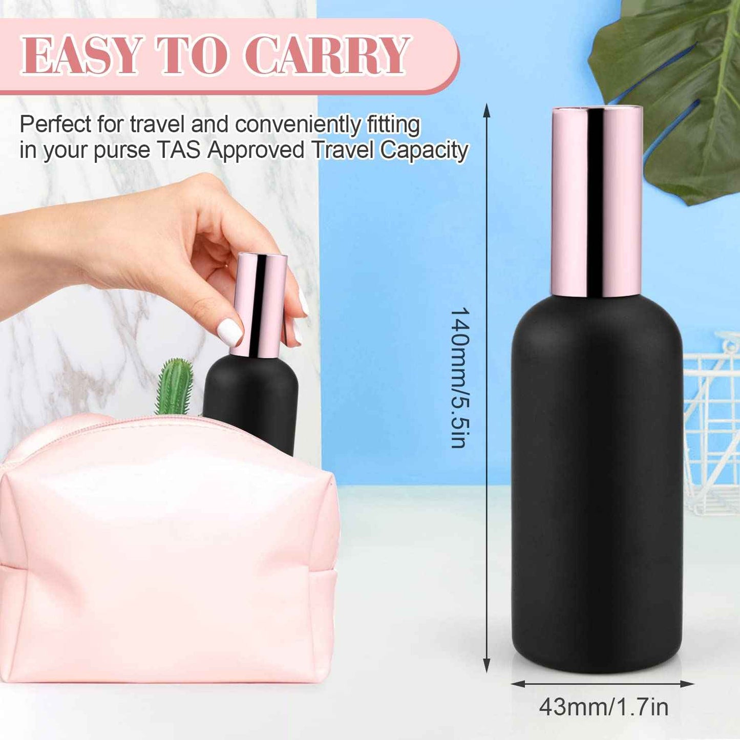 DMuuuDM 6 Pack 3.4 Oz Black Frosted Glass Spray Bottles,Empty Perfume Fine Mist Atomizer,Rose-Golden Pump Head Travel Liquid Holder Containers for Cologne,Essential Oils,Body Sprays-Funnel&Pipette