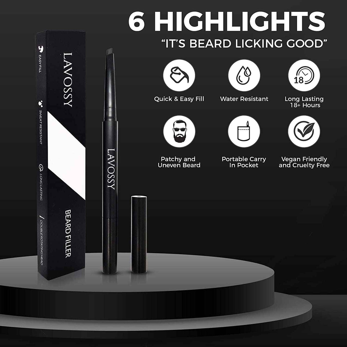 LAVOSSY Beard Pencil Filler for Men - Black, Pack of 3 - Long Lasting and Easy to Use with Blending Brush, Water/Sweat Proof, Fills Patchy Beard, Moneyback Promise