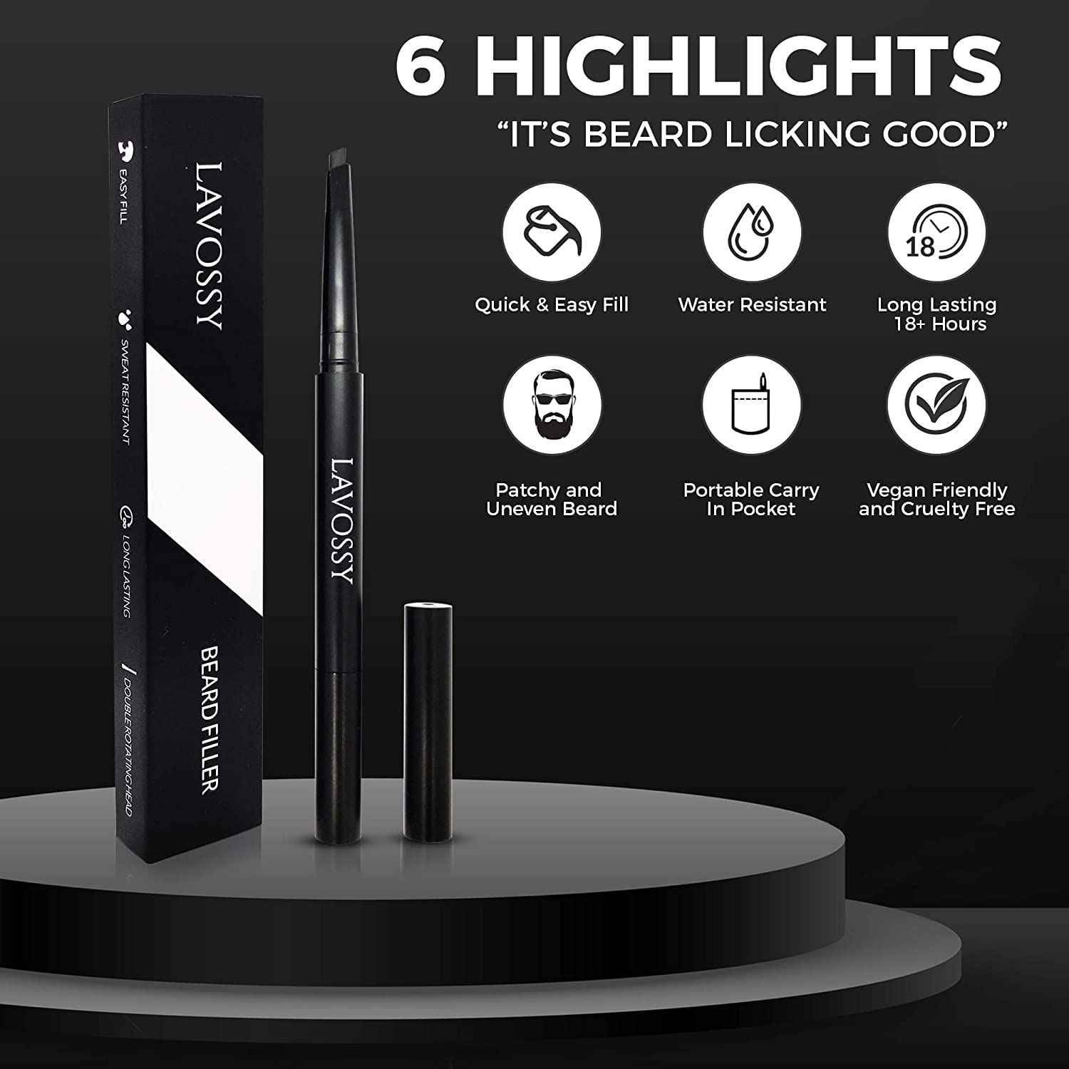 LAVOSSY Beard Pencil Filler for Men - Black, Pack of 3 - Long Lasting and Easy to Use with Blending Brush, Water/Sweat Proof, Fills Patchy Beard, Moneyback Promise