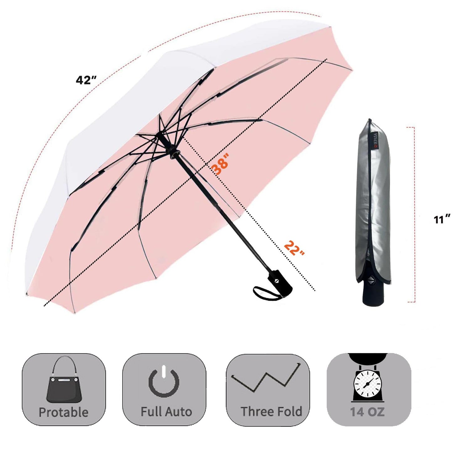 SIEPASA Silver/Pink Compact Travel Umbrella with UPF 50+ UV Protection, Windproof and Auto Open/Close