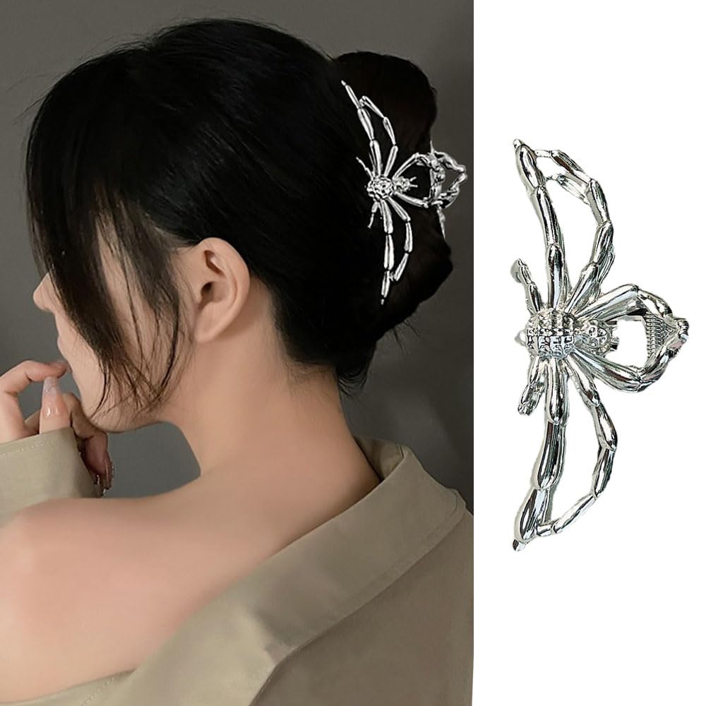 Spider Metal Silver Hair Claw Clips - Large Non-Slip Luxury Headdress for Thick Hair, Strong Grip Jaw Hair Clips, Fashion Accessories for Women and Girls, 1Pcs