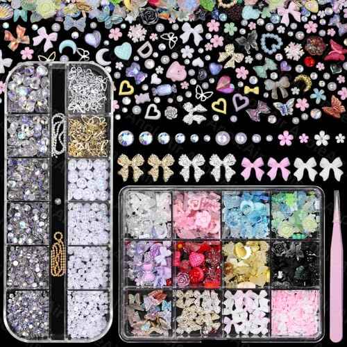 Assorted Nail Charms Kit, 3D Nail Charms and Flatback Pearls Gems Set, Gold Silver Nail Bows, Flower Butterfly Bows 3D Asssorted Nail Charms and Gems, Nail Pearls for Nail Art DIY with Pickup Tools