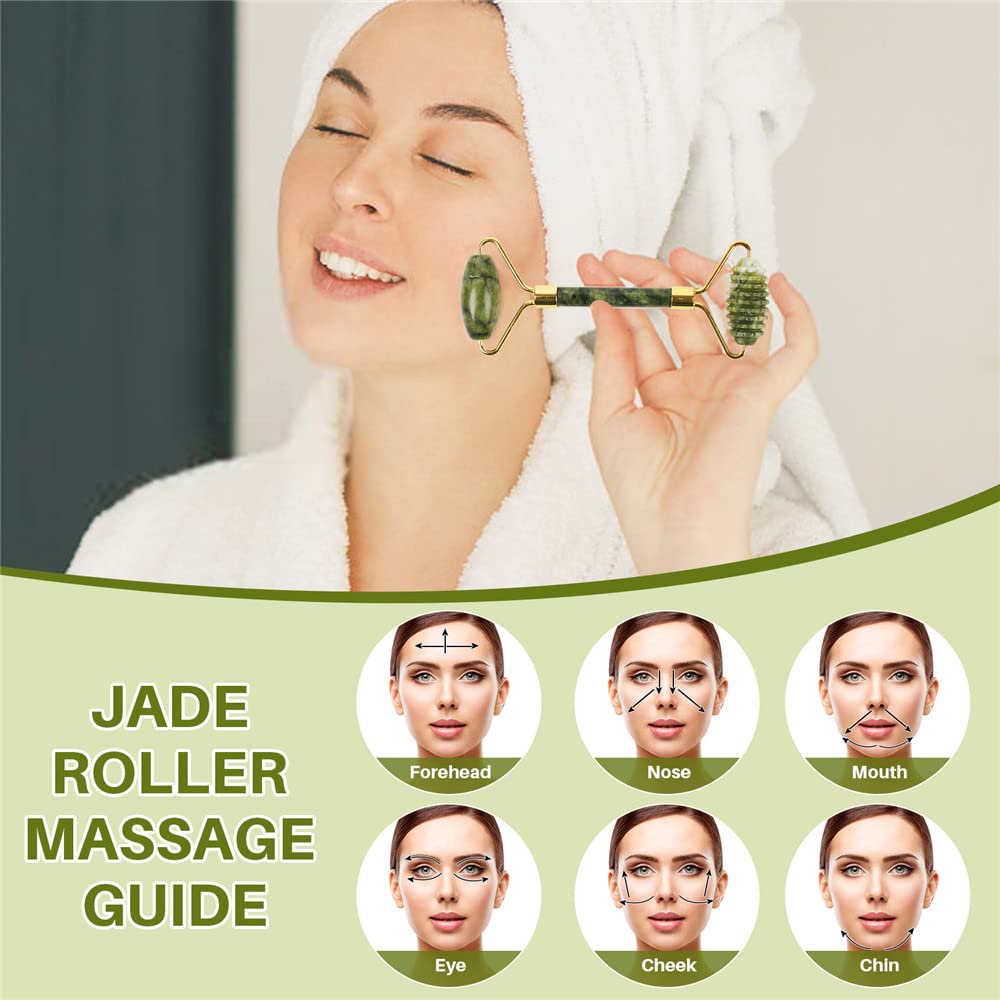 Emerald Facial Roller Massager Anti-Wrinkle and Relieve Edema, Facial ridged Roller Natural Xiuyan Jade rejuvenates The Skin (Green)