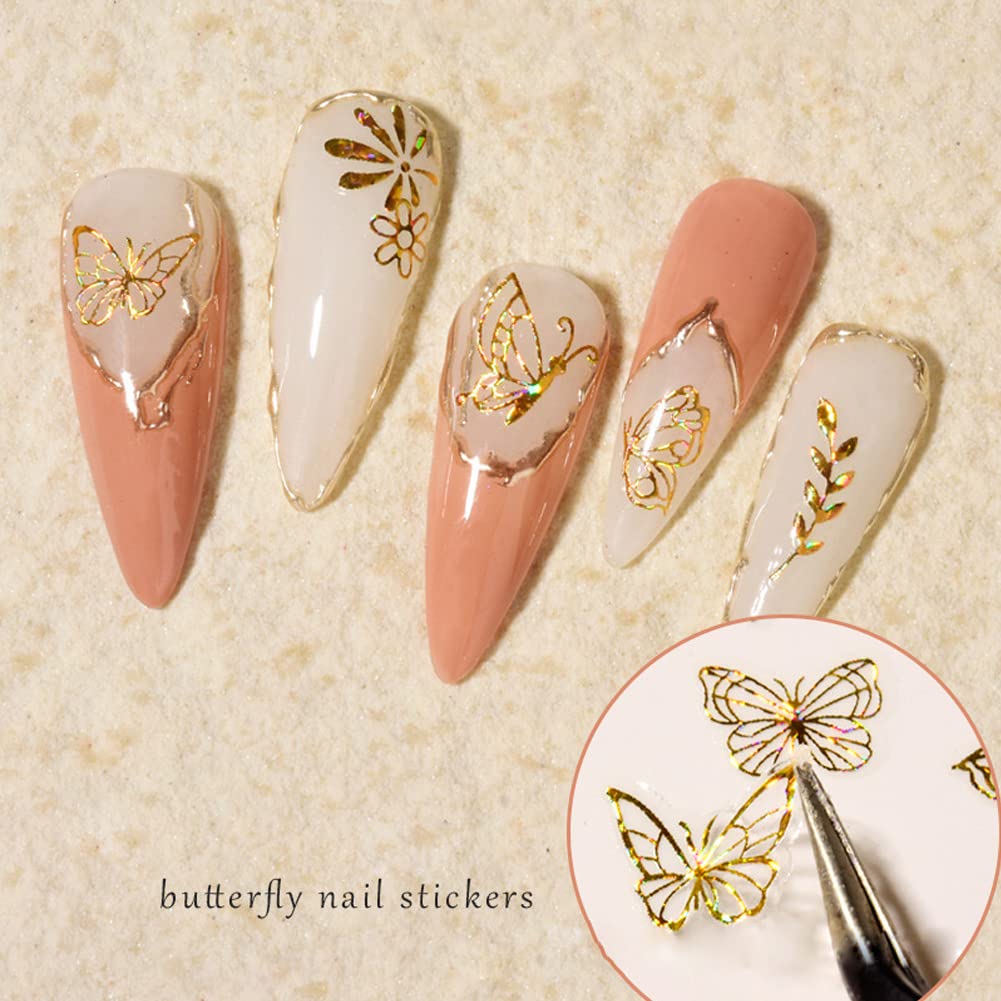 8 Sheets Butterfly Nail Art Stickers Gold Nail Decals,3D Luxury Nail Art Supplies Butterflies Gold Silver Nail Decoration for Designer Nail Stickers for Women DIY Acrylic Nails Decorations Accessories