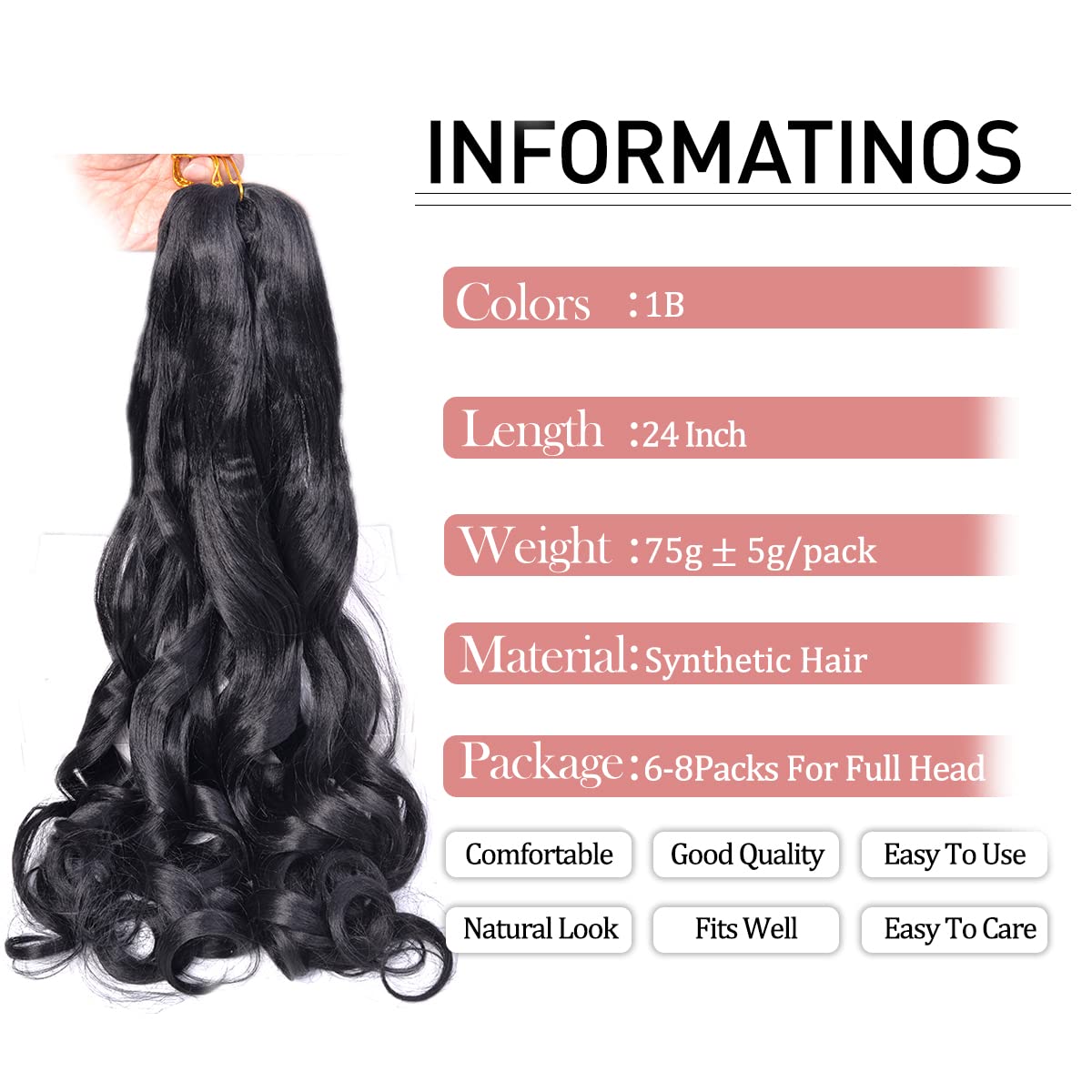 Luoyudu French Curly Braiding Hair 24Inch Loose Wavy 8 Packs #1B Black Bouncy Braiding Hair Extensions 75g/Pack Synthetic French Curl Crochet Hair Extensions（8packs,24Inch)