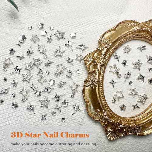55pcs Y2K Star Nail Charms - 3D Nail Art Charms, Silver Star Rhinestones for Women & Girls (9 Styles)